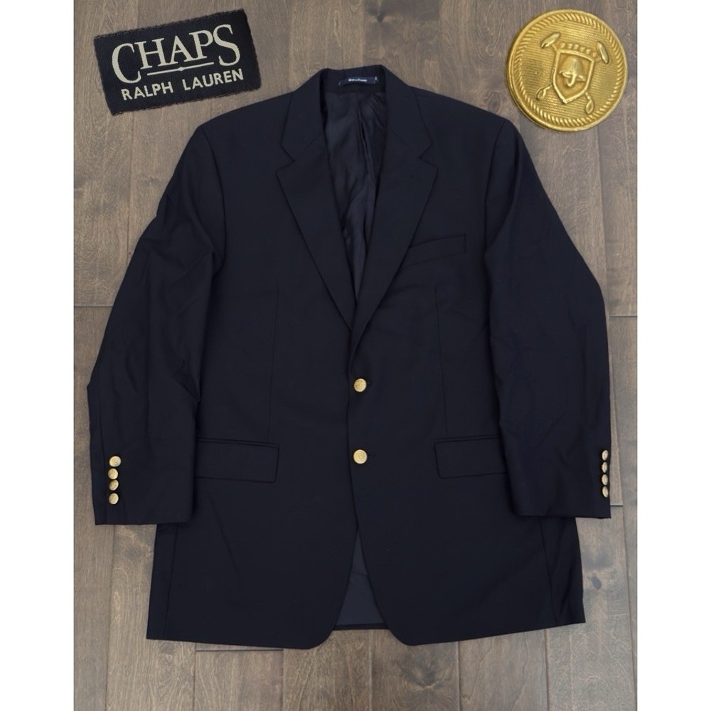 Chaps Ralph Lauren Mens 44L Blazer Suit Jacket Navy‎ Blue 100% Wool Gold Buttons